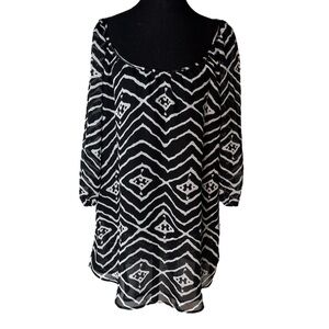 DANIEL RAINN Abstract Geometric Aztec Black White Sheer Chiffon Flowy Sz Medium